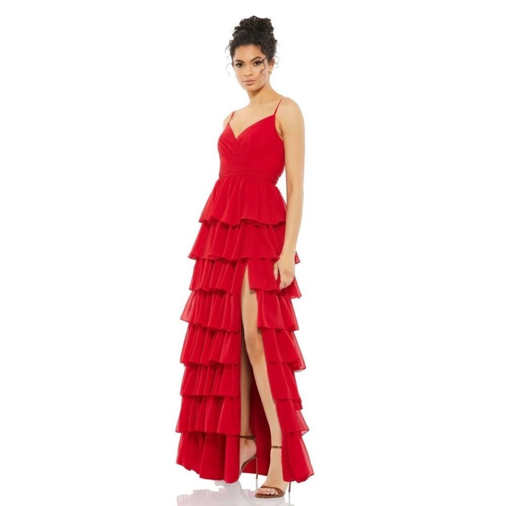 NWT Mac Duggal V-neck Tiered Ruffle Gown with Spagetti Straps Red 6 #8275